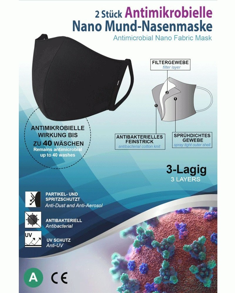 TNG Nano Mund-Nasenmaske | Ökotex 100 Dreilagig | Antimikrobiell